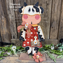 Load image into Gallery viewer, Farmhouse centerpiece, Cow decoration, Primitive Wooden Cow shelf sitter, Country style cow decoration, Bovine decor, Chicken decoration