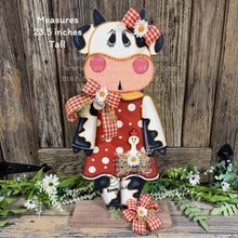 Load image into Gallery viewer, Farmhouse centerpiece, Cow decoration, Primitive Wooden Cow shelf sitter, Country style cow decoration, Bovine decor, Chicken decoration
