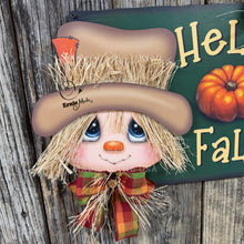 Load image into Gallery viewer, Scarecrow decoration, Fall door hanger, 3D Wooden Hello Fall sign, Thanksgiving, Halloween, front door wreath, Farmhouse Primitive Pumpkin