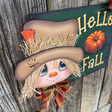Load image into Gallery viewer, Scarecrow decoration, Fall door hanger, 3D Wooden Hello Fall sign, Thanksgiving, Halloween, front door wreath, Farmhouse Primitive Pumpkin
