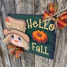 Load image into Gallery viewer, Scarecrow decoration, Fall door hanger, 3D Wooden Hello Fall sign, Thanksgiving, Halloween, front door wreath, Farmhouse Primitive Pumpkin