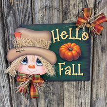 Load image into Gallery viewer, Scarecrow decoration, Fall door hanger, 3D Wooden Hello Fall sign, Thanksgiving, Halloween, front door wreath, Farmhouse Primitive Pumpkin