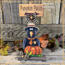 Load image into Gallery viewer, Fall Crow decoration, funny Crow on pumpkin Patch sign, wooden Fall shelf sitter, Halloween, Primitive Harvest Crow and corn, Farmhouse crow