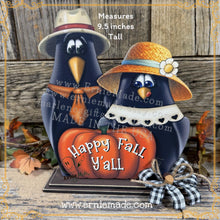 Load image into Gallery viewer, Fall Crow decoration, funny Crows and pumpkin sign, Pumpkin Patch, Happy Fall Y'all wooden shelf sitter, Halloween, Farmhouse, Thanksgiving