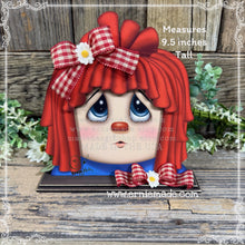 Load image into Gallery viewer, Primitive Rag doll decoration, Wooden Country style shelf sitter doll, Farmhouse decor, Tiered tray, Cottage core, patriotic Americana decor