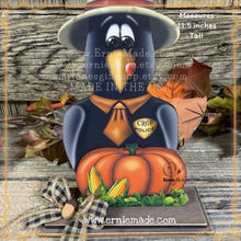 Load image into Gallery viewer, Fall Crow decoration, funny Crow on pumpkin Patch sign, wooden Fall shelf sitter, Halloween, Primitive Harvest Crow and corn, Farmhouse crow