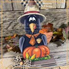 Load image into Gallery viewer, Fall Crow decoration, funny Crow on pumpkin Patch sign, wooden Fall shelf sitter, Halloween, Primitive Harvest Crow and corn, Farmhouse crow