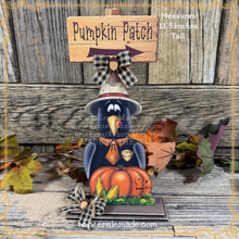 Load image into Gallery viewer, Fall Crow decoration, funny Crow on pumpkin Patch sign, wooden Fall shelf sitter, Halloween, Primitive Harvest Crow and corn, Farmhouse crow