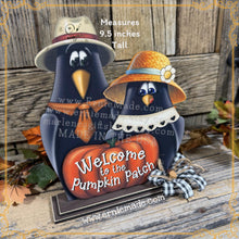 Load image into Gallery viewer, Fall Crow decoration, funny Crows and pumpkin sign, Pumpkin Patch, Happy Fall Y'all wooden shelf sitter, Halloween, Farmhouse, Thanksgiving