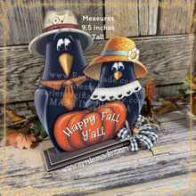 Load image into Gallery viewer, Fall Crow decoration, funny Crows and pumpkin sign, Pumpkin Patch, Happy Fall Y'all wooden shelf sitter, Halloween, Farmhouse, Thanksgiving