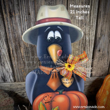 Load image into Gallery viewer, Crow decoration for Fall, wooden Crow and Pumpkin Patch sign, Fall shelf sitter, Halloween, Primitive Harvest Crow and corn, Farmhouse decor