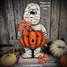 Load image into Gallery viewer, Halloween decoration, Mummy, Jack-o-lantern, pumpkin porch decor, Mummy shelf sitter, Halloween, Candy corn decor, Farmhouse fall decor,
