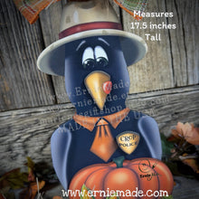 Load image into Gallery viewer, Fall Crow decoration, whimsical Crow and Pumpkin Patch sign, crow wooden shelf sitter, Halloween, Harvest corn Crow, Farmhouse decoration
