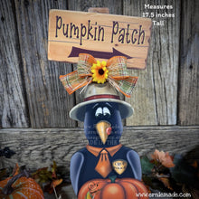 Load image into Gallery viewer, Fall Crow decoration, whimsical Crow and Pumpkin Patch sign, crow wooden shelf sitter, Halloween, Harvest corn Crow, Farmhouse decoration