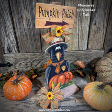 Load image into Gallery viewer, Fall Crow decoration, whimsical Crow and Pumpkin Patch sign, crow wooden shelf sitter, Halloween, Harvest corn Crow, Farmhouse decoration