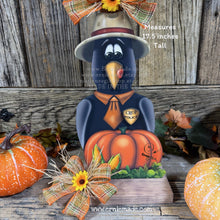 Load image into Gallery viewer, Fall Crow decoration, whimsical Crow and Pumpkin Patch sign, crow wooden shelf sitter, Halloween, Harvest corn Crow, Farmhouse decoration