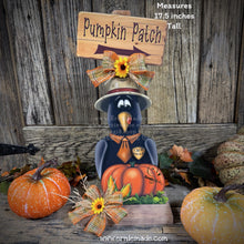 Load image into Gallery viewer, Fall Crow decoration, whimsical Crow and Pumpkin Patch sign, crow wooden shelf sitter, Halloween, Harvest corn Crow, Farmhouse decoration
