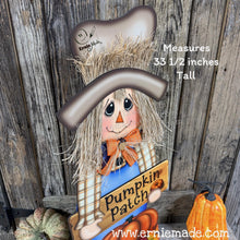 Load image into Gallery viewer, Scarecrow for Fall decoration, Pumpkin sign for porch, Hello Fall sign, Wooden Scarecrow with hat, Halloween porch decor, Thanksgiving decor