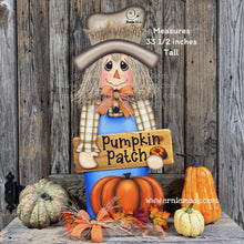 Load image into Gallery viewer, Scarecrow for Fall decoration, Pumpkin sign for porch, Hello Fall sign, Wooden Scarecrow with hat, Halloween porch decor, Thanksgiving decor