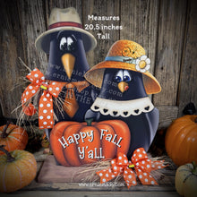 Load image into Gallery viewer, Fall Crow decoration, funny Crow couple with Pumpkin Sign, Porch decor, Halloween centerpiece, Hay-stack sitter, Thanksgiving arrangement