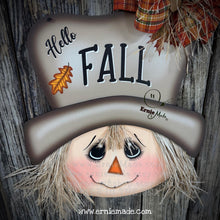 Load image into Gallery viewer, Scarecrow decoration, fall door hanger, Wooden Hello Fall sign, Thanksgiving porch accent, Halloween, front door wreath, Farmhouse, Autumn