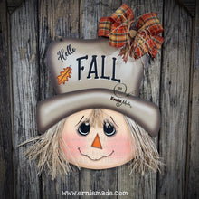 Load image into Gallery viewer, Scarecrow decoration, fall door hanger, Wooden Hello Fall sign, Thanksgiving porch accent, Halloween, front door wreath, Farmhouse, Autumn