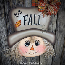 Load image into Gallery viewer, Scarecrow decoration, fall door hanger, Wooden Hello Fall sign, Thanksgiving porch accent, Halloween, front door wreath, Farmhouse, Autumn