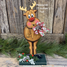 Load image into Gallery viewer, Christmas Reindeer decoration, Wood Rudolph shelf sitter, Standing reindeer with red nose and big feet, Hunting theme, Antler centerpiece