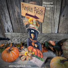 Load image into Gallery viewer, Fall Crow decoration, whimsical Crow and Pumpkin Patch sign, crow wooden shelf sitter, Halloween, Harvest corn Crow, Farmhouse decoration