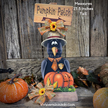 Load image into Gallery viewer, Fall Crow decoration, whimsical Crow and Pumpkin Patch sign, crow wooden shelf sitter, Halloween, Harvest corn Crow, Farmhouse decoration