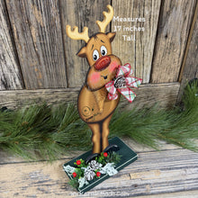 Load image into Gallery viewer, Christmas Reindeer decoration, Wood Rudolph shelf sitter, Standing reindeer with red nose and big feet, Hunting theme, Antler centerpiece