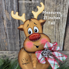 Load image into Gallery viewer, Christmas Reindeer decoration, Wood Rudolph shelf sitter, Standing reindeer with red nose and big feet, Hunting theme, Antler centerpiece