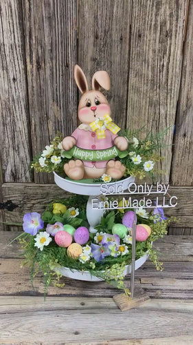 Spring Decoration, Easter Bunny centerpiece, Tiered tray decor, Vintage Easter Farmhouse decor, wood Bunny with Easter sign, Primitive Bunny