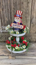 Load and play video in Gallery viewer, Uncle Sam, Patriotic decoration, Summer Arrangement, Primitive wooden Uncle Sam with stand, Americana, Fourth of July bow, Summer Flag decor
