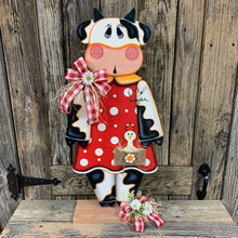 Load image into Gallery viewer, Farmhouse Cow decoration for entryway, Wooden Cow with stand, Country style cow and Chicken centerpiece, Cowgirl decor, Farm, Chicken decor