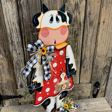 Load image into Gallery viewer, Farmhouse Cow decoration for entryway, Wooden Cow with stand, Country style cow and Chicken centerpiece, Cowgirl decor, Farm, Chicken decor
