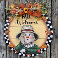 Load image into Gallery viewer, Fall Front door hanger, Farmhouse Fall decor, Wood round Fall sign, Housewarming gift, Wood Scarecrow decor, Scarecrow wreath, Thanksgiving
