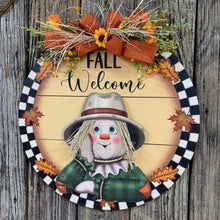 Load image into Gallery viewer, Fall Front door hanger, Farmhouse Fall decor, Wood round Fall sign, Housewarming gift, Wood Scarecrow decor, Scarecrow wreath, Thanksgiving

