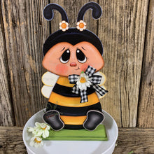 Load image into Gallery viewer, Bee decoration, Farmhouse Bee decor, Bee Tiered tray decor, Cute wood Bumble Bee sign, Summer Bee shelf sitter, Bee for kitchen counter top
