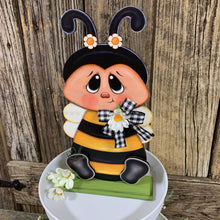 Load image into Gallery viewer, Bee decoration, Farmhouse Bee decor, Bee Tiered tray decor, Cute wood Bumble Bee sign, Summer Bee shelf sitter, Bee for kitchen counter top