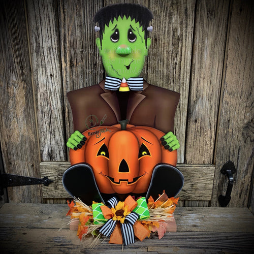 Halloween decoration, Frankenstein, Jack-o-lantern, wooden painted Pumpkin sign, wooden Frankenstein with stand, Halloween porch greeter,