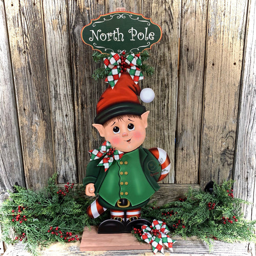 Elf Decoration for Christmas, Vintage Christmas North Pole sign, Farmhouse Christmas, large wood elf with sign, Gingerbread decor Candy cane