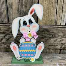Load image into Gallery viewer, Spring Decoration, Easter Bunny with floppy ears, Farmhouse Spring, Easter Tiered tray decor, wooden Bunny with Easter egg, Primitive Bunny