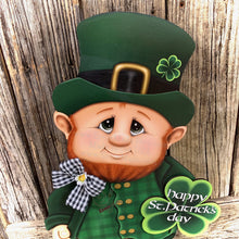 Load image into Gallery viewer, St. Patrick's Day Decoration, cute Leprechaun with Shamrock, wooden leprechaun, Shamrock decoration, Irish Shelf sitter, green Shamrock sign