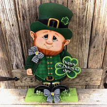Load image into Gallery viewer, St. Patrick's Day Decoration, cute Leprechaun with Shamrock, wooden leprechaun, Shamrock decoration, Irish Shelf sitter, green Shamrock sign