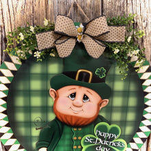 Load image into Gallery viewer, St. Patrick's Day Decoration, Leprechaun door hanger, Shamrock door Hanger, Wood leprechaun with Shamrock sign, St. Patrick's Wreath, Irish