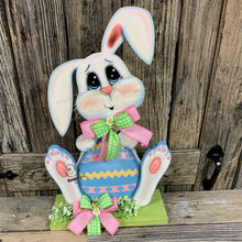 Load image into Gallery viewer, Spring Decoration, Easter Bunny centerpiece, bunny with floppy ears, Farmhouse Easter decor, wooden Bunny with Easter egg, Primitive Bunny