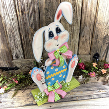 Load image into Gallery viewer, Spring Decoration, Easter Bunny centerpiece, bunny with floppy ears, Farmhouse Easter decor, wooden Bunny with Easter egg, Primitive Bunny