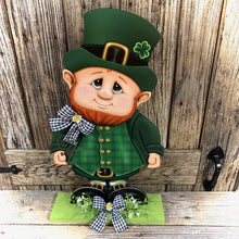 Load image into Gallery viewer, St. Patrick's Day Decoration, cute Leprechaun with Shamrock, wooden leprechaun, Shamrock decoration, Irish Shelf sitter, green Shamrock sign