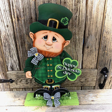 Load image into Gallery viewer, St. Patrick's Day Decoration, cute Leprechaun with Shamrock, wooden leprechaun, Shamrock decoration, Irish Shelf sitter, green Shamrock sign